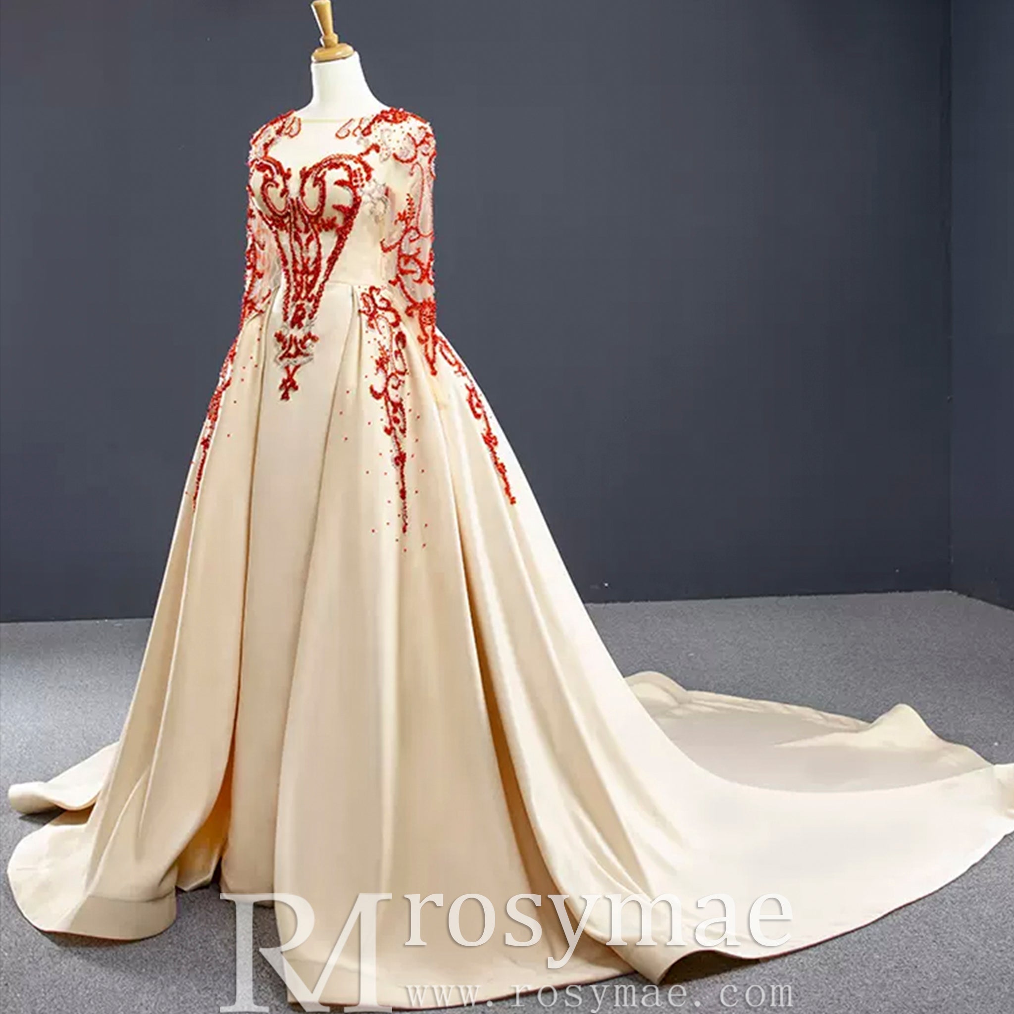 Long Sleeve Beaded Satin Wedding Gown Prom Dress with Long Train - Rosymae