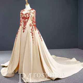 Long Sleeve Beaded Satin Wedding Gown Prom Dress with Long Train - Rosymae