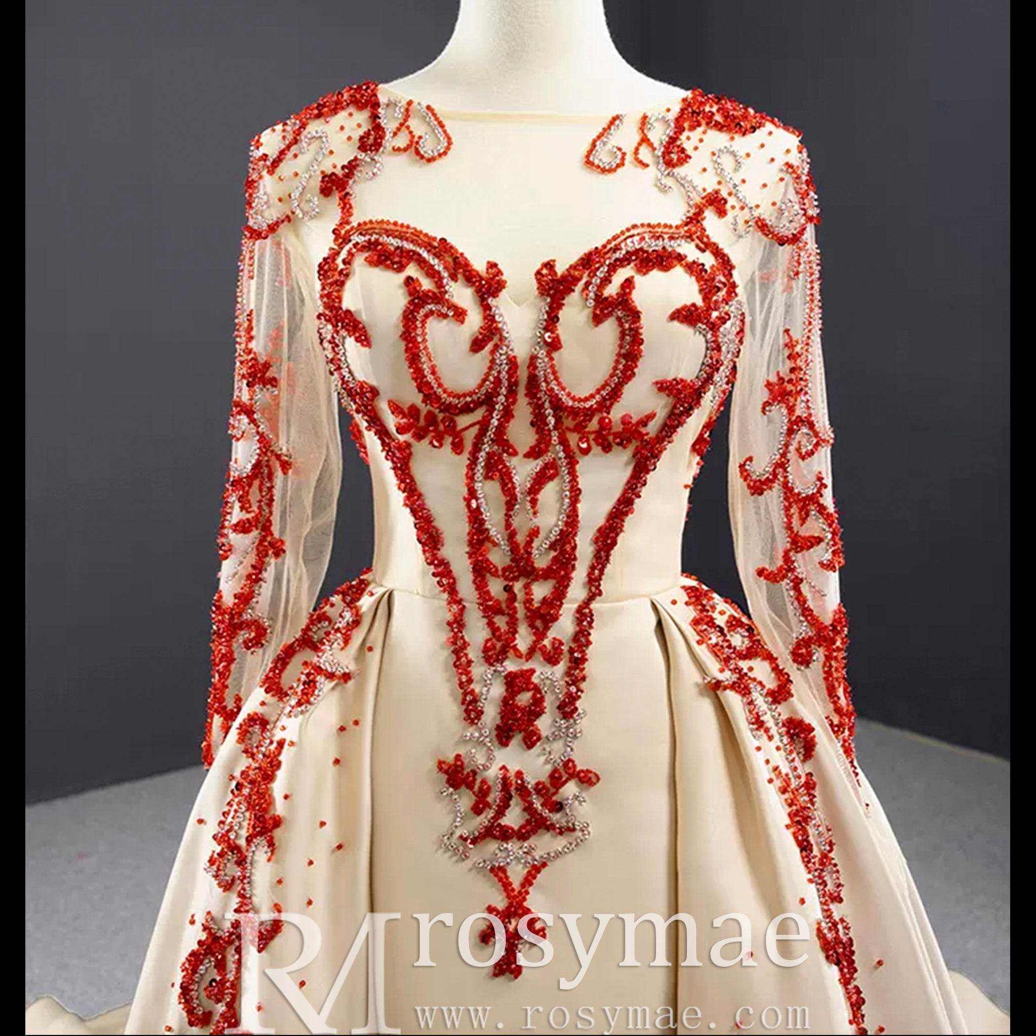 Long Sleeve Beaded Satin Wedding Gown Prom Dress with Long Train - Rosymae