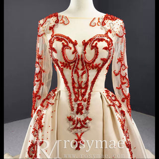 Long Sleeve Beaded Satin Wedding Gown Prom Dress with Long Train - Rosymae