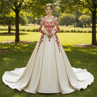 Long Sleeve Beaded Satin Wedding Gown Prom Dress with Long Train - Rosymae