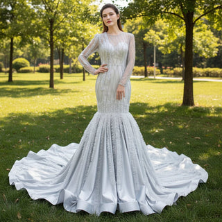 Long Sleeve Beaded Trumpet Wedding Dress with Keyhole - Rosymae