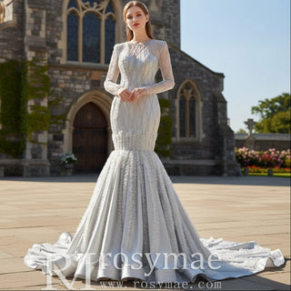 Long Sleeve Beaded Trumpet Wedding Dress with Keyhole - Rosymae