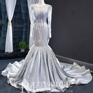 Long Sleeve Beaded Trumpet Wedding Dress with Keyhole - Rosymae
