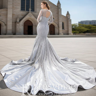 Long Sleeve Beaded Trumpet Wedding Dress with Keyhole - Rosymae