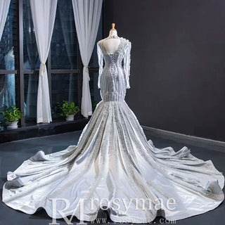 Long Sleeve Beaded Trumpet Wedding Dress with Keyhole - Rosymae