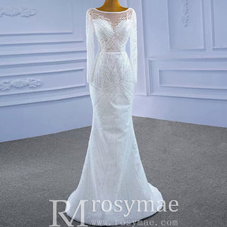 Long Sleeve Beaded Wedding Dress with Detachable Skirt - Rosymae