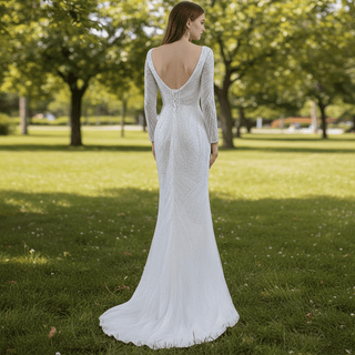 Long Sleeve Beaded Wedding Dress with Detachable Skirt - Rosymae