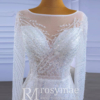 Long Sleeve Beaded Wedding Dress with Detachable Skirt - Rosymae