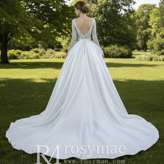 Long Sleeve Beaded Wedding Dress with Detachable Skirt - Rosymae
