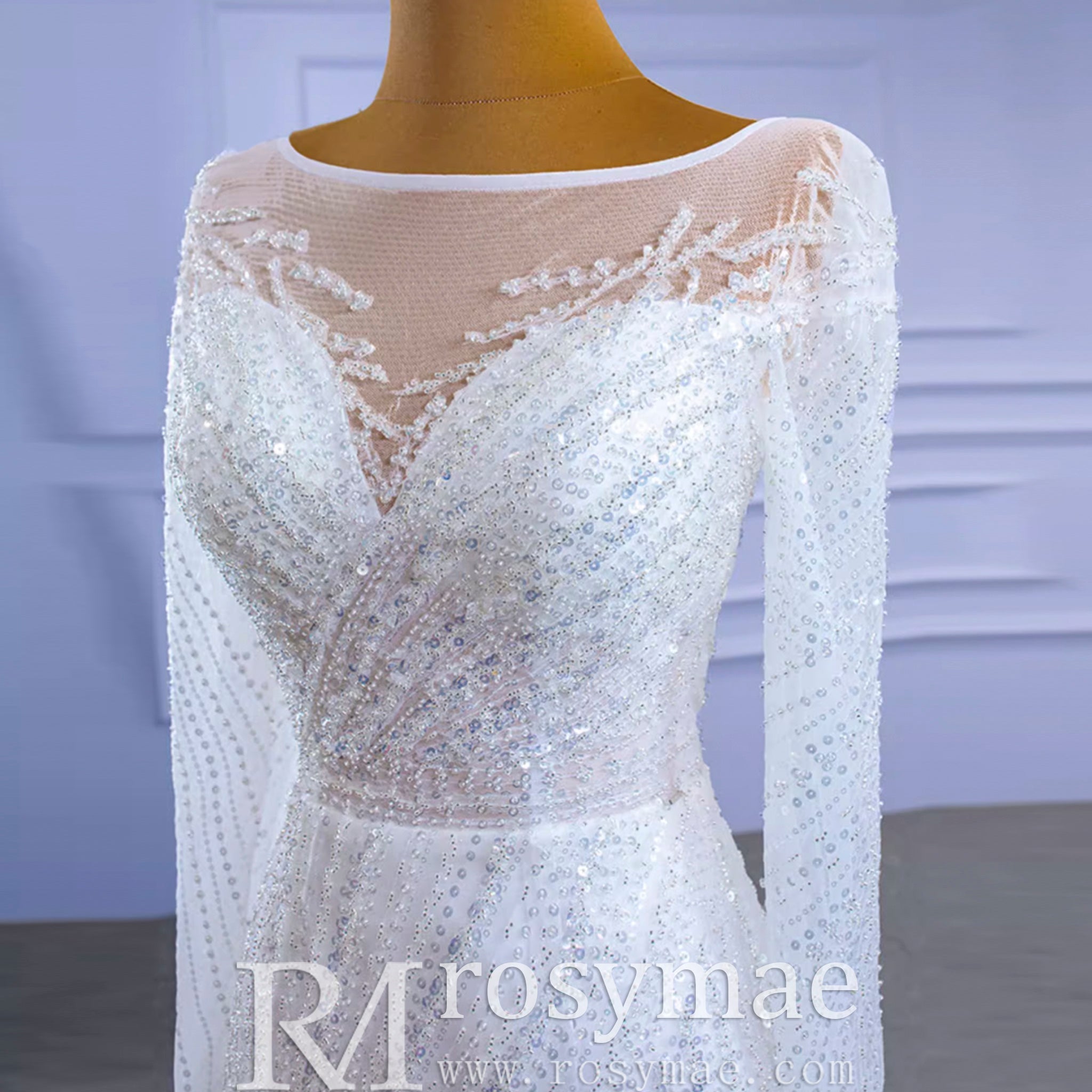 Long Sleeve Beaded Wedding Dress with Detachable Skirt - Rosymae