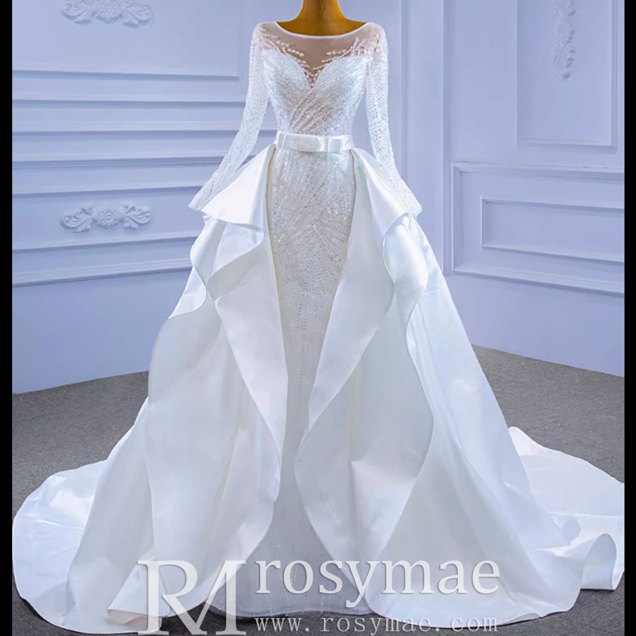 Long Sleeve Beaded Wedding Dress with Detachable Skirt - Rosymae