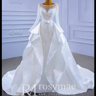 Long Sleeve Beaded Wedding Dress with Detachable Skirt - Rosymae
