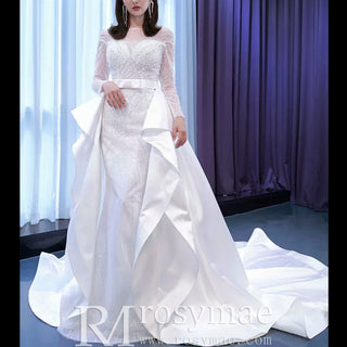 Long Sleeve Beaded Wedding Dress with Detachable Skirt - Rosymae