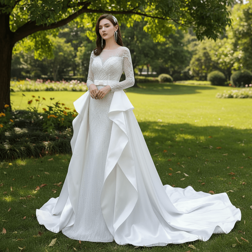Long Sleeve Beaded Wedding Dress with Detachable Skirt - Rosymae