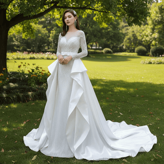 Long Sleeve Beaded Wedding Dress with Detachable Skirt - Rosymae
