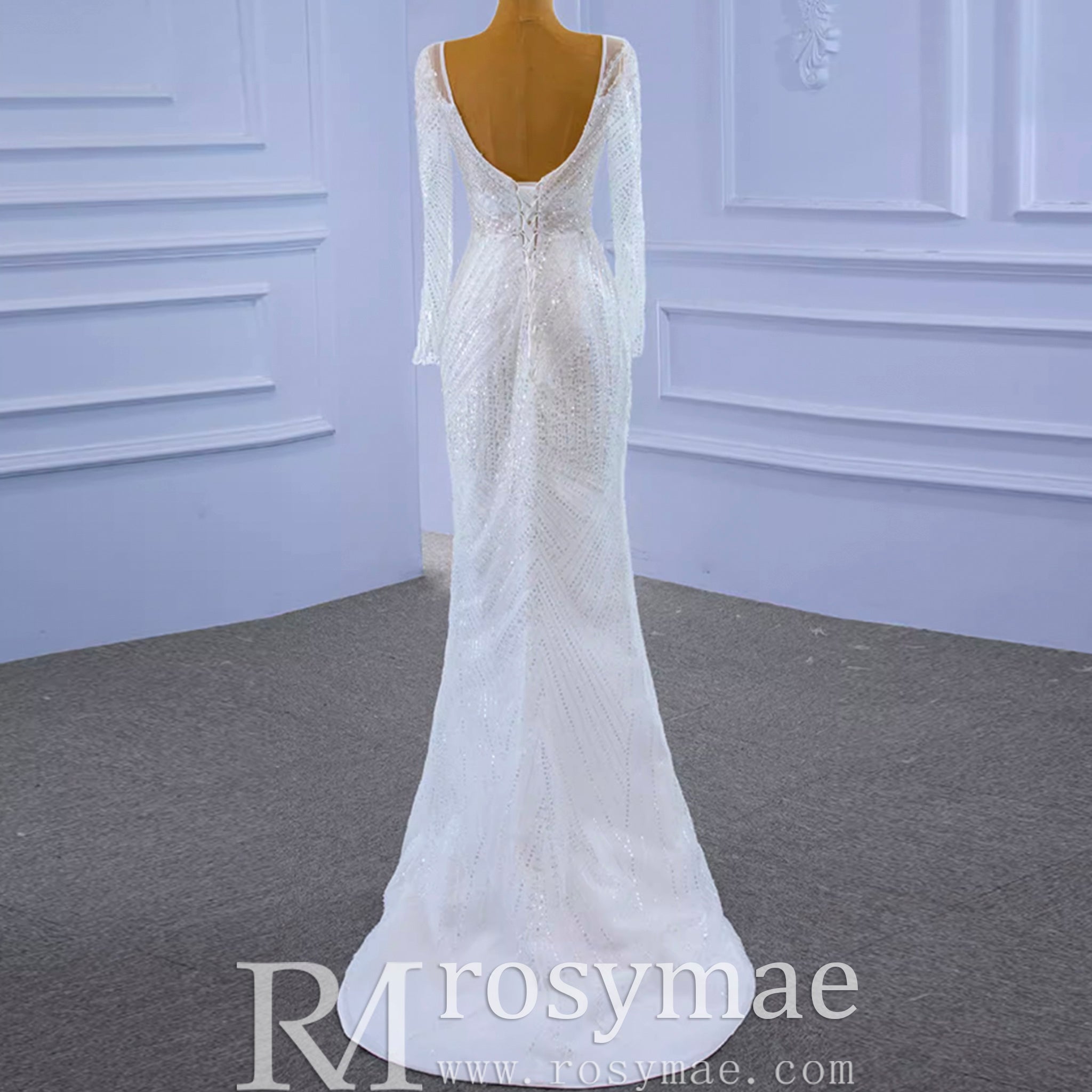 Long Sleeve Beaded Wedding Dress with Detachable Skirt - Rosymae