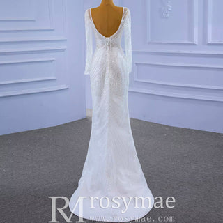 Long Sleeve Beaded Wedding Dress with Detachable Skirt - Rosymae