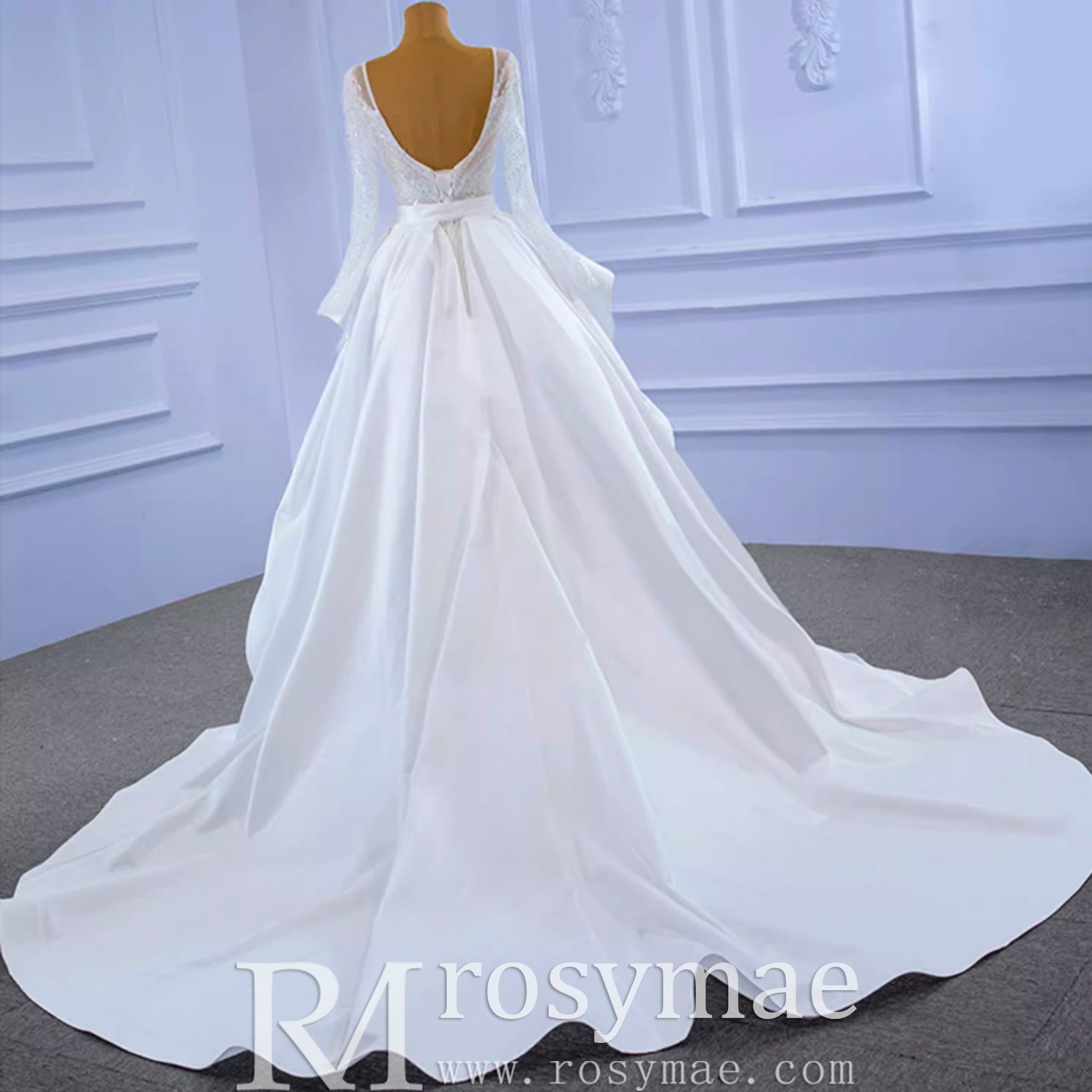 Long Sleeve Beaded Wedding Dress with Detachable Skirt - Rosymae