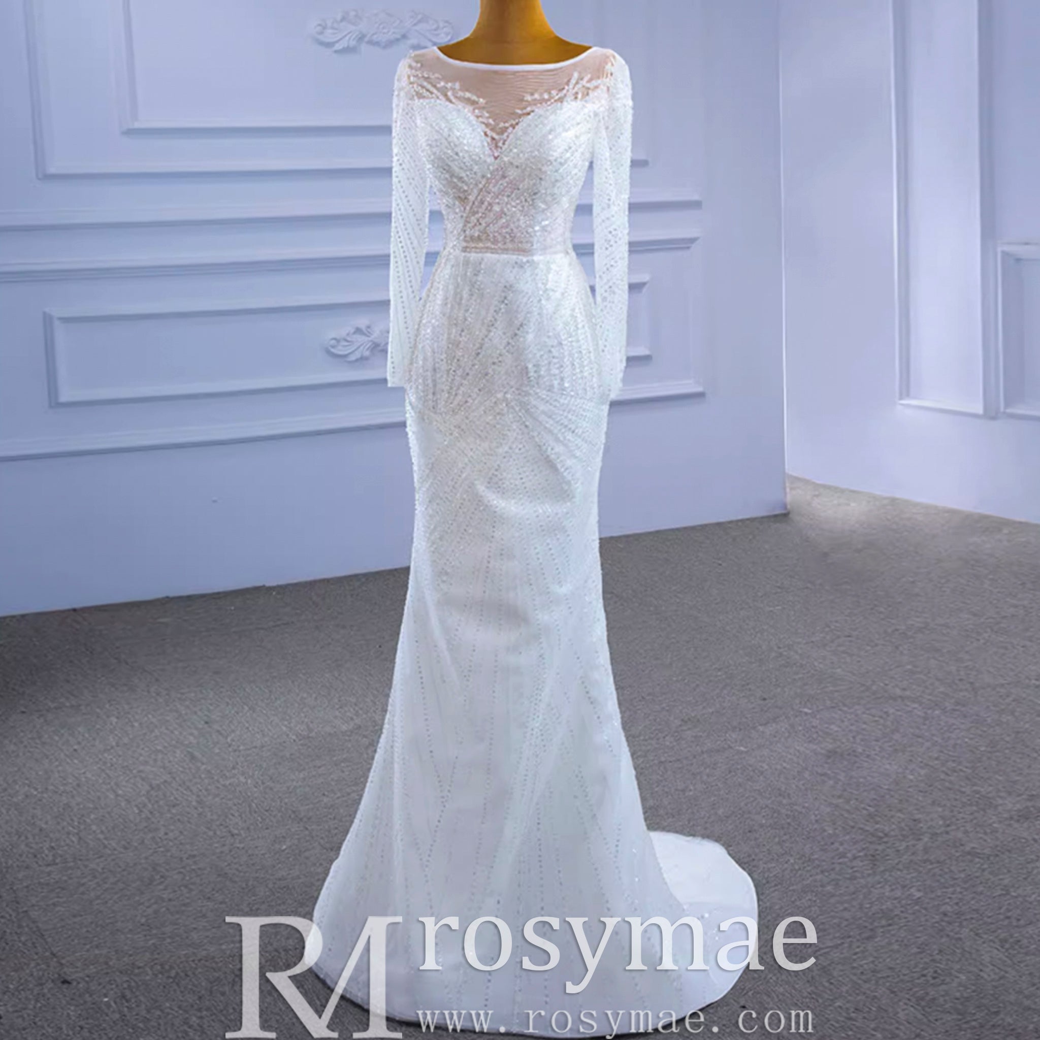 Long Sleeve Beaded Wedding Dress with Detachable Skirt - Rosymae