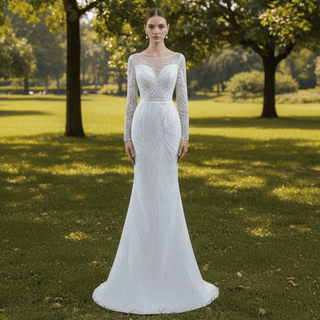 Long Sleeve Beaded Wedding Dress with Detachable Skirt - Rosymae