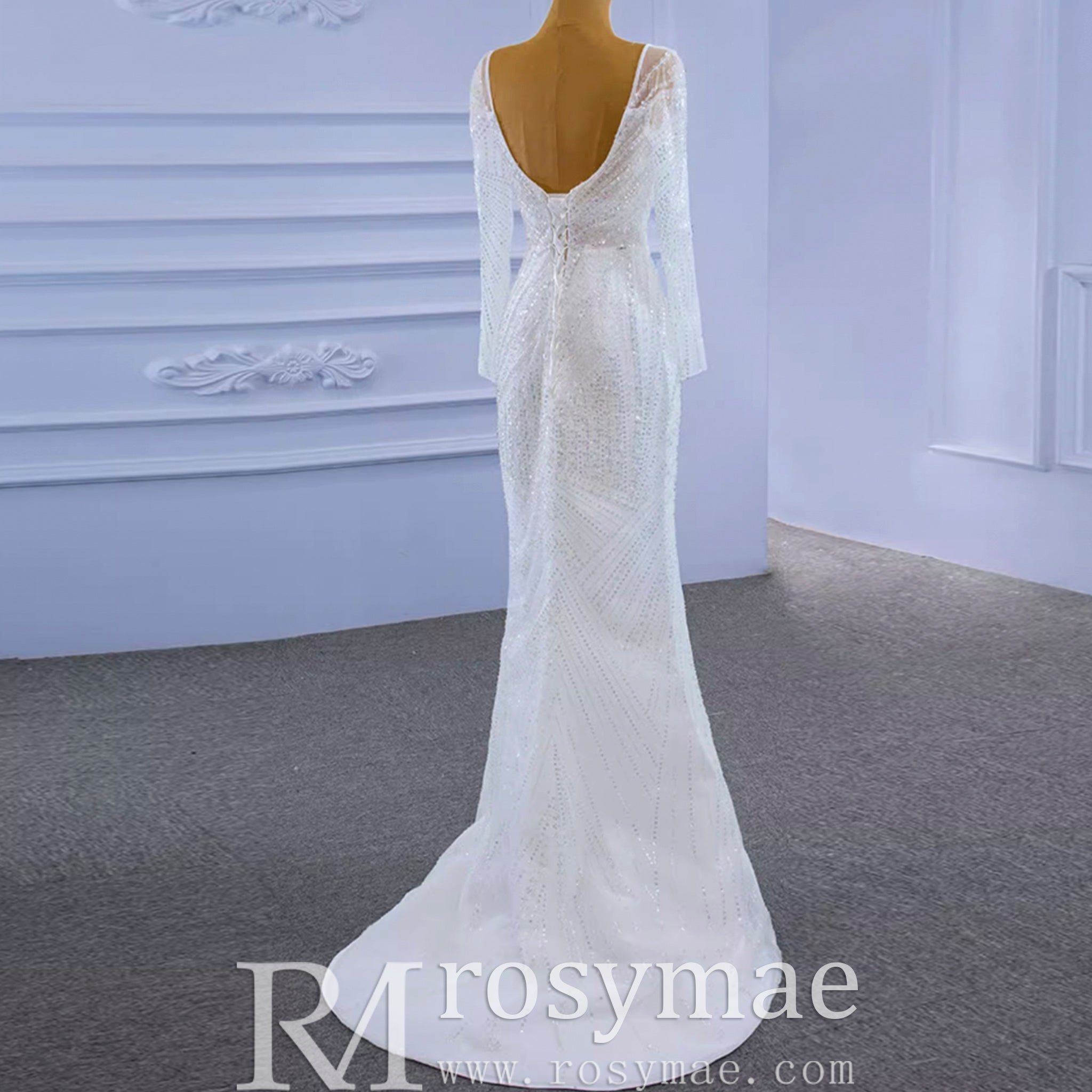 Long Sleeve Beaded Wedding Dress with Detachable Skirt - Rosymae