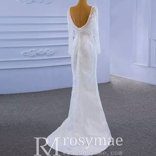 Long Sleeve Beaded Wedding Dress with Detachable Skirt - Rosymae