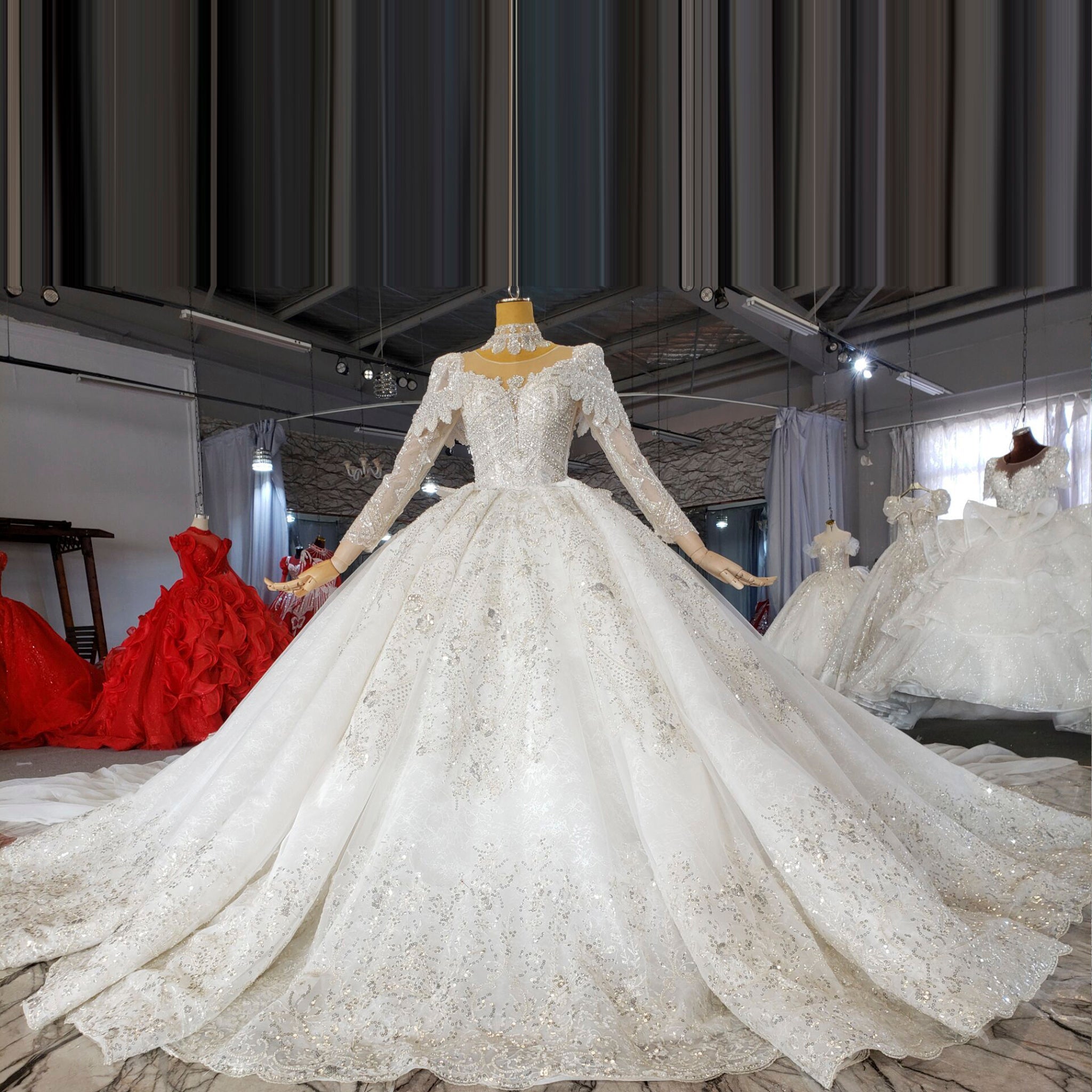 Luxury Sparkly Big Skirt Wedding Dress with Long Sleeve White / 1.5M / 4 Luxury Sparkly Big Skirt Wedding Dress with Long Sleeve White / 1.5M / 4