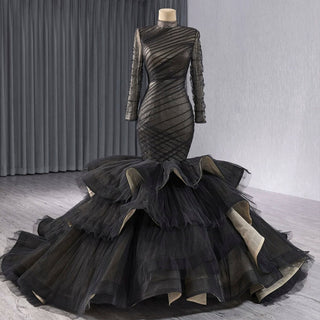Long Sleeve Black Trumpet O-neck Wedding Dress Ruffle Pageant Gown - Rosymae