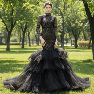 Long Sleeve Black Trumpet O-neck Wedding Dress Ruffle Pageant Gown - Rosymae