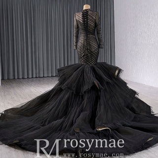 Long Sleeve Black Trumpet O-neck Wedding Dress Ruffle Pageant Gown - Rosymae