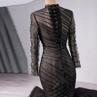 Long Sleeve Black Trumpet O-neck Wedding Dress Ruffle Pageant Gown - Rosymae