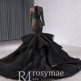 Long Sleeve Black Trumpet O-neck Wedding Dress Ruffle Pageant Gown - Rosymae