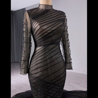 Long Sleeve Black Trumpet O-neck Wedding Dress Ruffle Pageant Gown - Rosymae