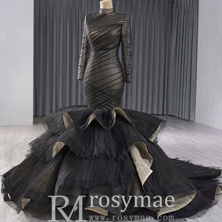 Long Sleeve Black Trumpet O-neck Wedding Dress Ruffle Pageant Gown - Rosymae