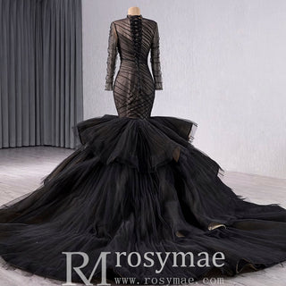 Long Sleeve Black Trumpet O-neck Wedding Dress Ruffle Pageant Gown - Rosymae