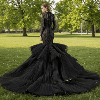 Long Sleeve Black Trumpet O-neck Wedding Dress Ruffle Pageant Gown - Rosymae