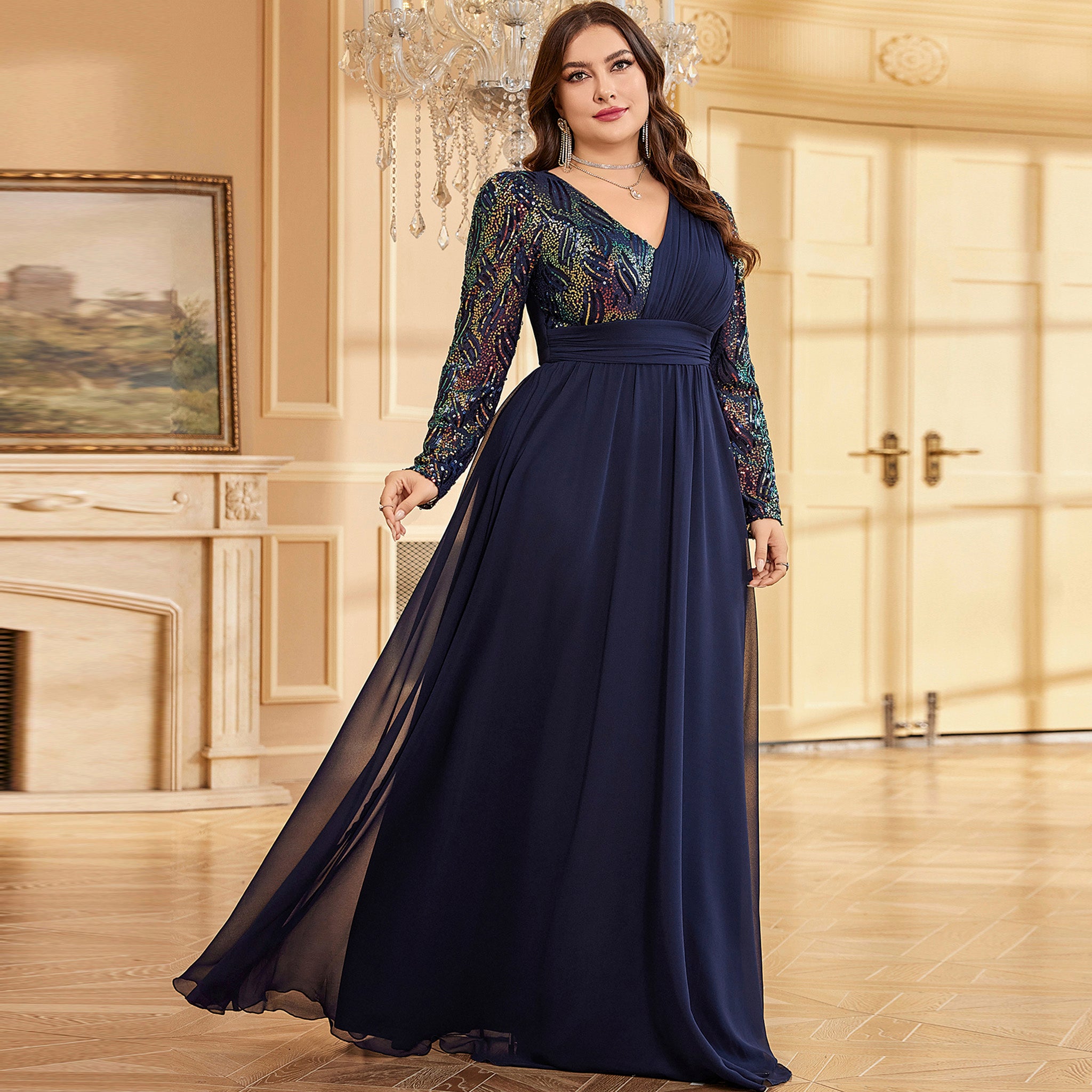 Plus Size Chiffon Long Sleeve Evening Dress Wedding Party Gown Rosymae Plus Size Chiffon Long Sleeve Evening Dress Wedding Party Gown Rosymae