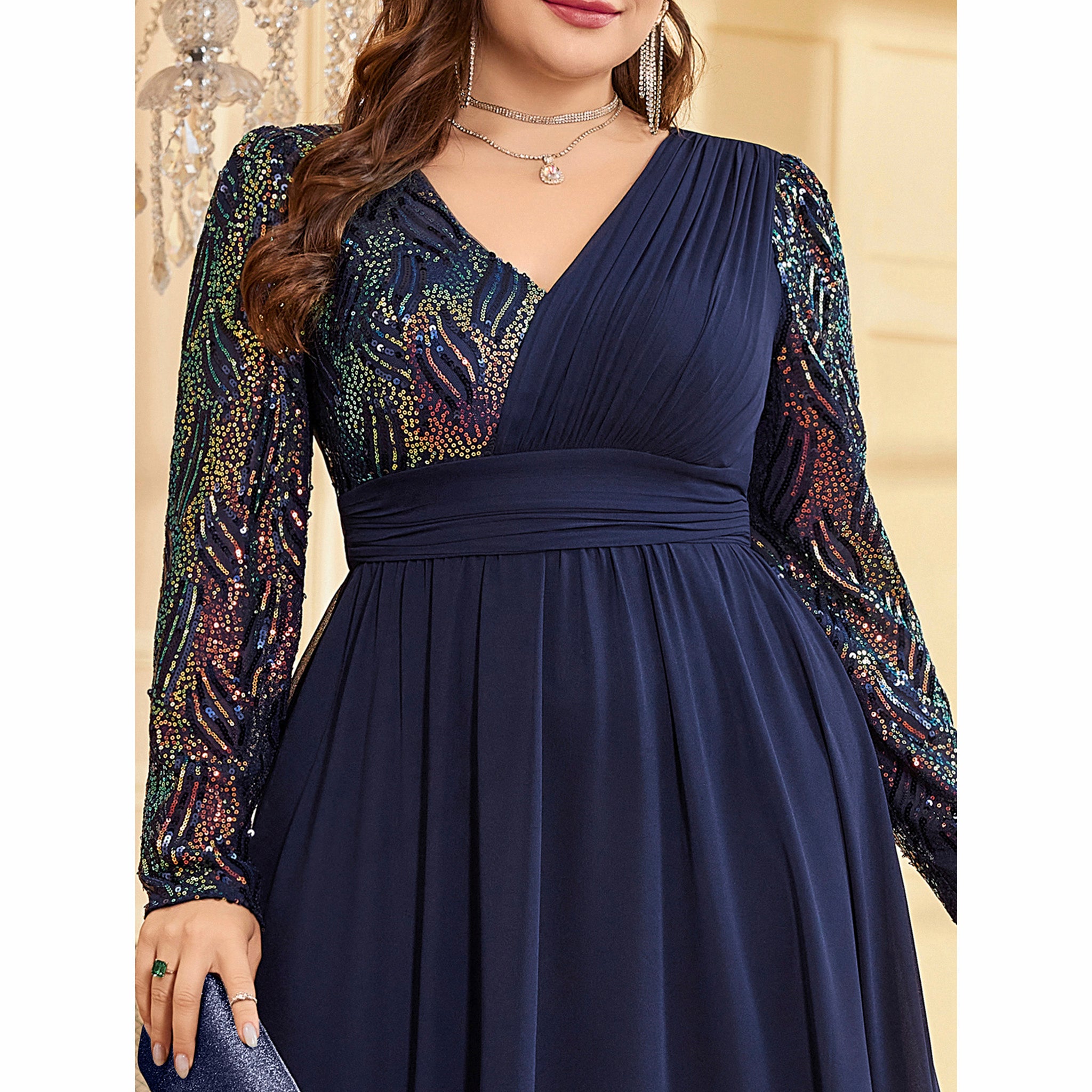 A-Line Plus Size Dresses Elegant Curve Dress Formal Wedding Floor Length Long Sleeve V Neck Chiffon with Sequin A-Line Plus Size Dresses Elegant Curve Dress Formal Wedding Floor Length Long Sleeve V Neck Chiffon with Sequin