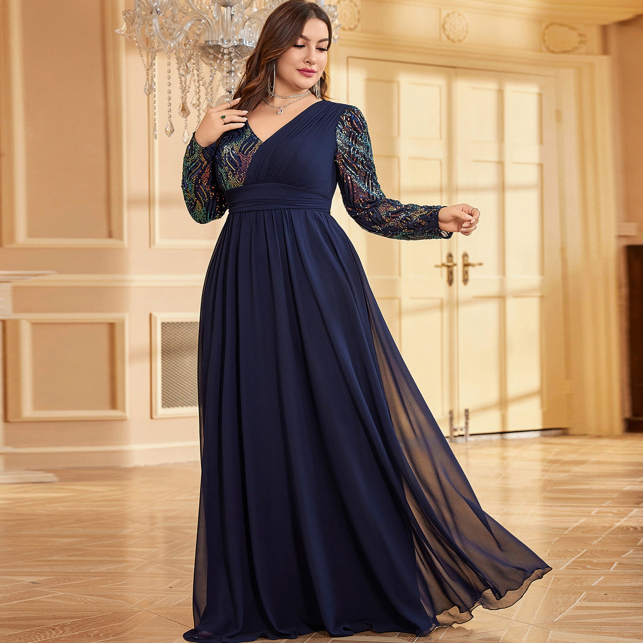 A-Line Plus Size Dresses Elegant Curve Dress Formal Wedding Floor Length Long Sleeve V Neck Chiffon with Sequin A-Line Plus Size Dresses Elegant Curve Dress Formal Wedding Floor Length Long Sleeve V Neck Chiffon with Sequin