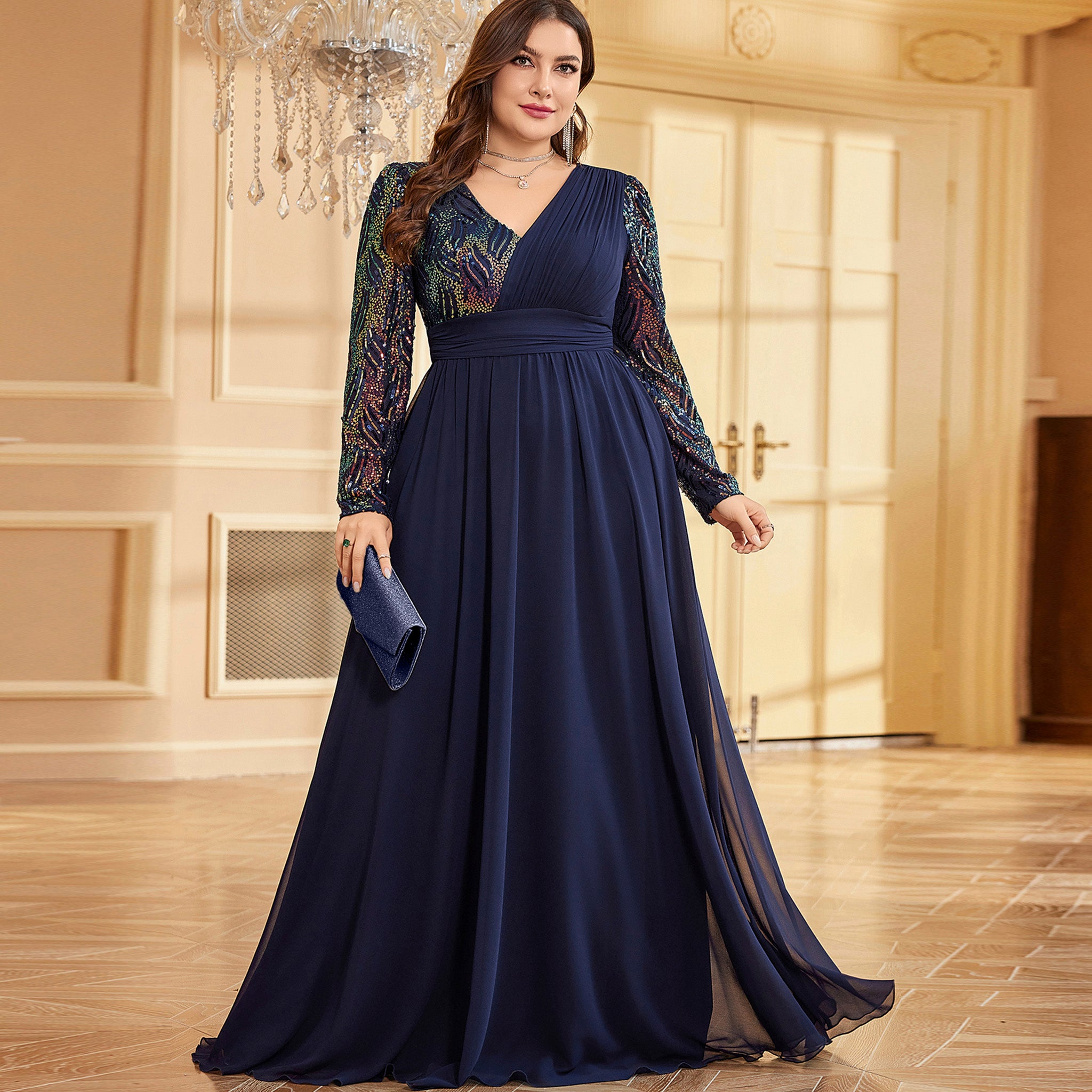 Chiffon Plus Sized Formal Dress A-Line Plus Size Dresses Elegant Curve Dress Formal Wedding Floor Length Long Sleeve V Neck Chiffon With Sequin Chiffon Plus Sized Formal Dress A-Line Plus Size Dresses Elegant Curve Dress Formal Wedding Floor Length Long Sleeve V Neck Chiffon With Sequin
