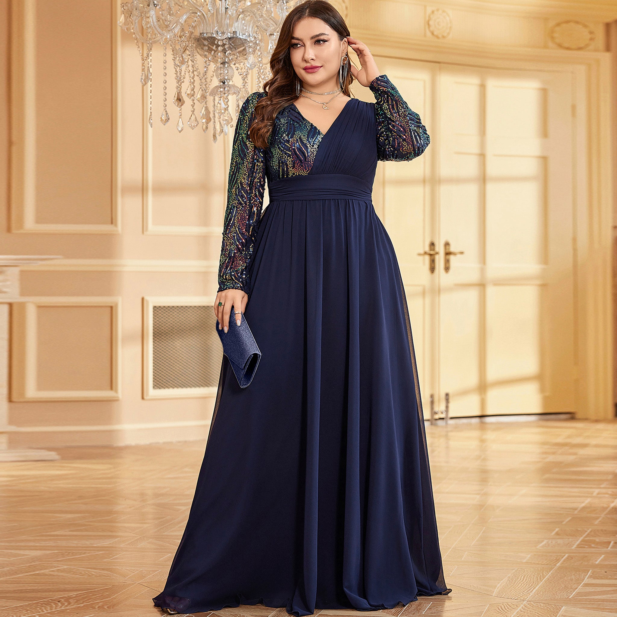 A-Line Plus Size Dresses Elegant Curve Dress Formal Wedding Floor Length Long Sleeve V Neck Chiffon with Sequin A-Line Plus Size Dresses Elegant Curve Dress Formal Wedding Floor Length Long Sleeve V Neck Chiffon with Sequin
