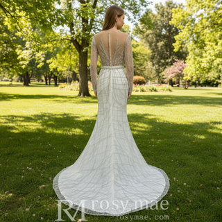 Sparkly Long Sleeve Wedding Dress with Detachable Train