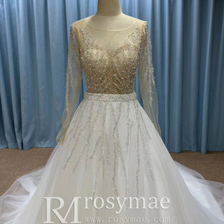Sparkly Long Sleeve Wedding Dress with Detachable Train