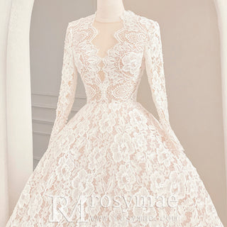 Light Champagne Long Sleeve Lace Wedding Dresses with Sheer Neckline