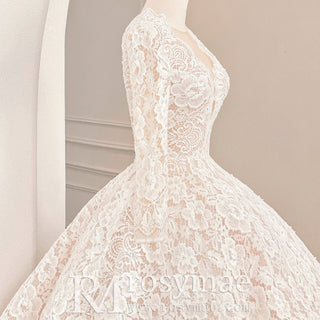 Light Champagne Long Sleeve Lace Wedding Dresses with Sheer Neckline