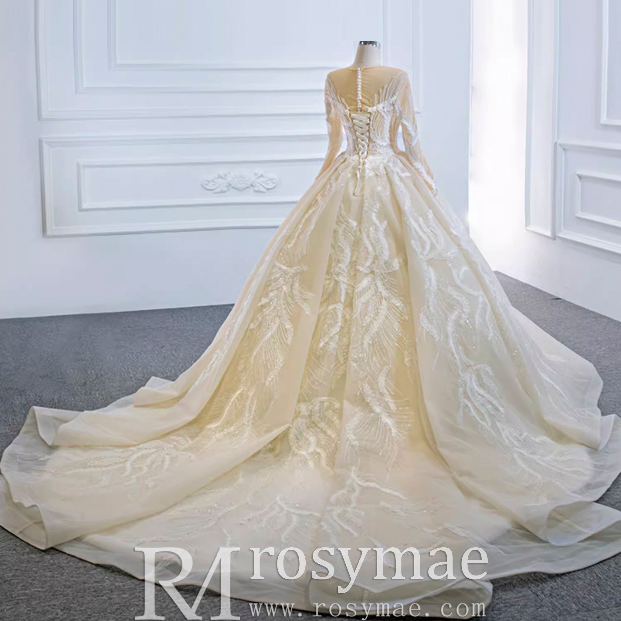 Long Sleeve Champagne Puffy Wedding Dress with Long Sleeve - Rosymae