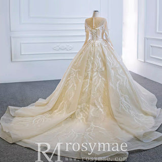 Long Sleeve Champagne Puffy Wedding Dress with Long Sleeve - Rosymae
