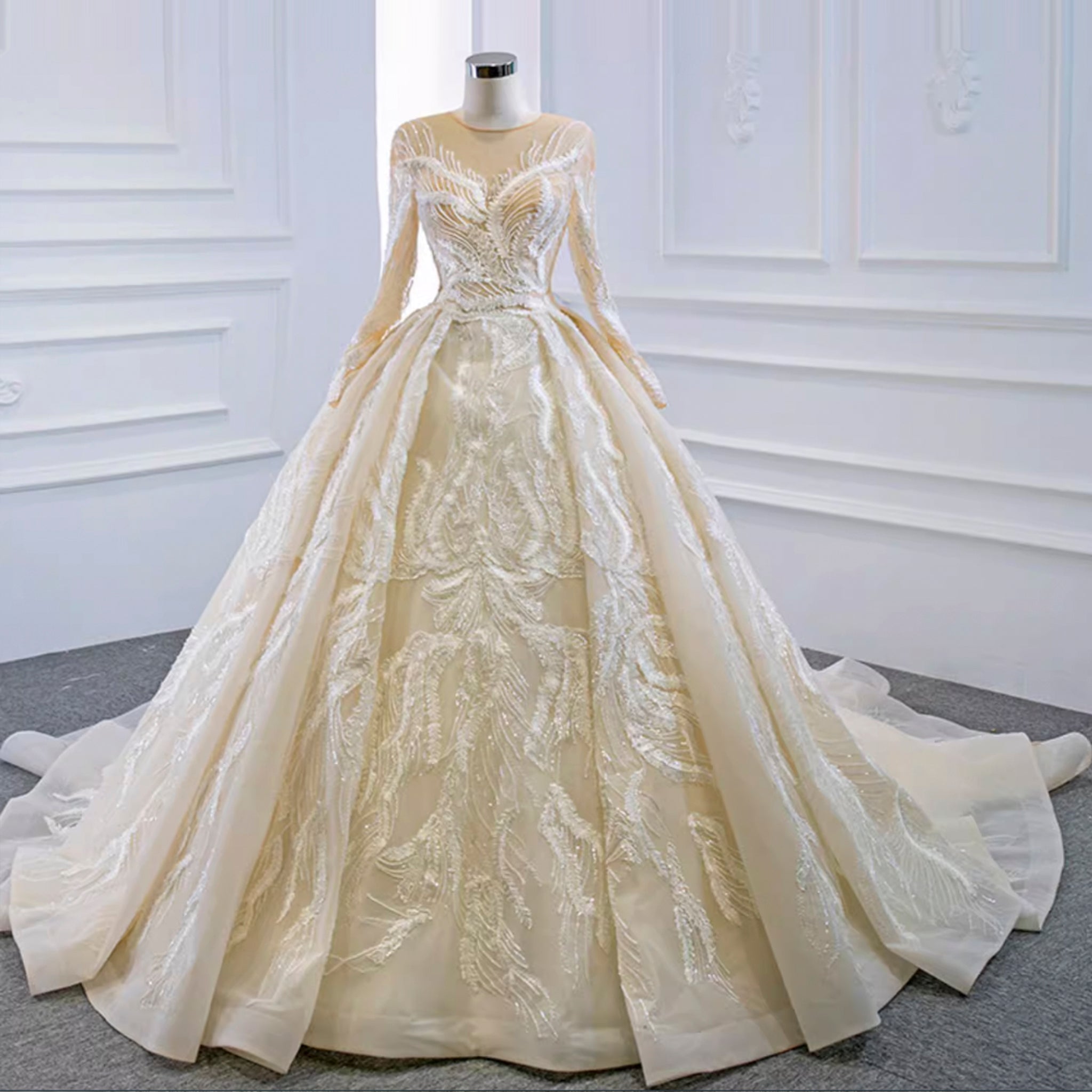 Long Sleeve Champagne Puffy Wedding Dress with Long Sleeve - Rosymae