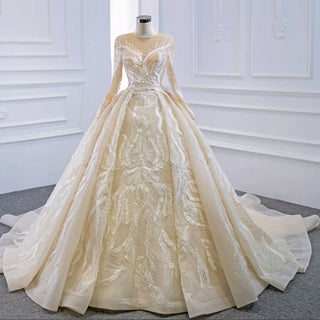 Long Sleeve Champagne Puffy Wedding Dress with Long Sleeve - Rosymae